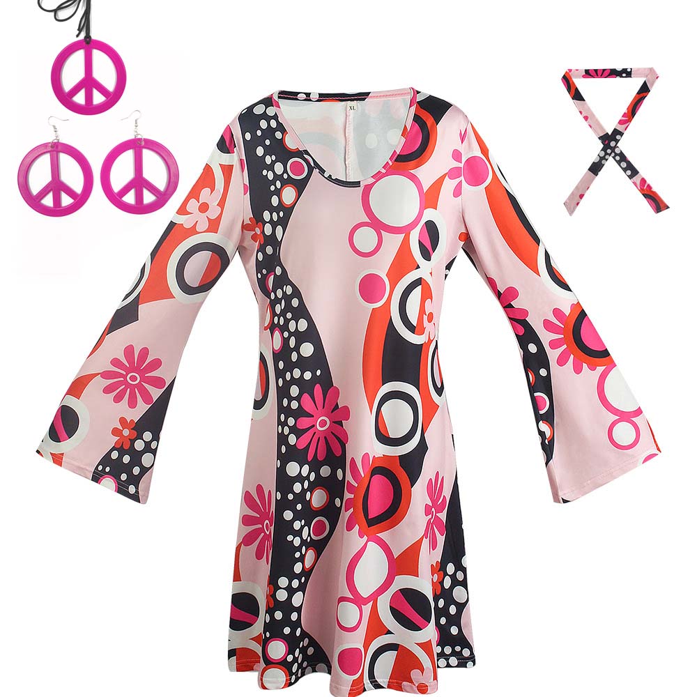 Women'S Accessories In The 70S - ชุดดิสโก้สไตล์เรโทรยุค 60s 70s สำหรับฮาโลวีน ชุดฮิปปี้สำหรับผู้หญิง พร้อมเครื่องประดับสัญลักษณ์สันติภาพ