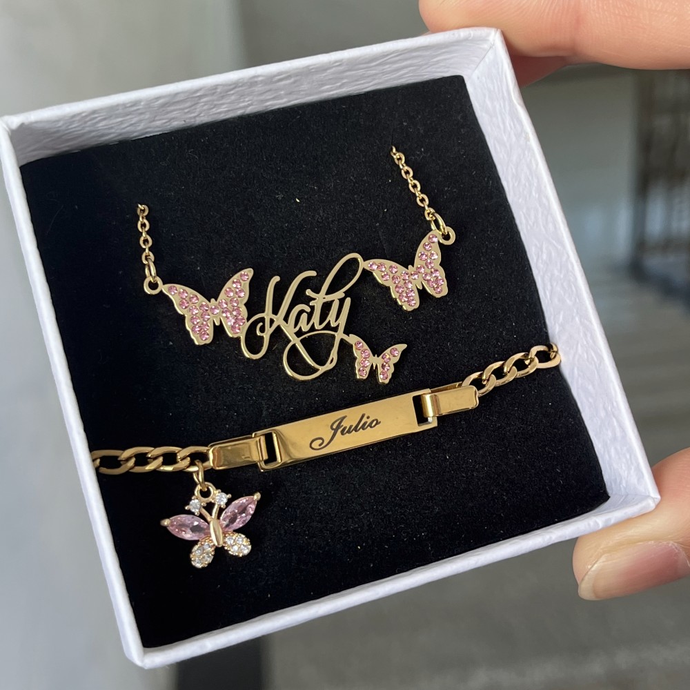 Women Accessories Gift Set - Duoying ชุดผีเสื้อสีชมพูแบบกำหนดเองสร้อยคอแผ่นป้ายหินวันเกิดส่วนบุคคลสร้อยข้อมือสแตนเลสสตีลสลักชื่อ ID