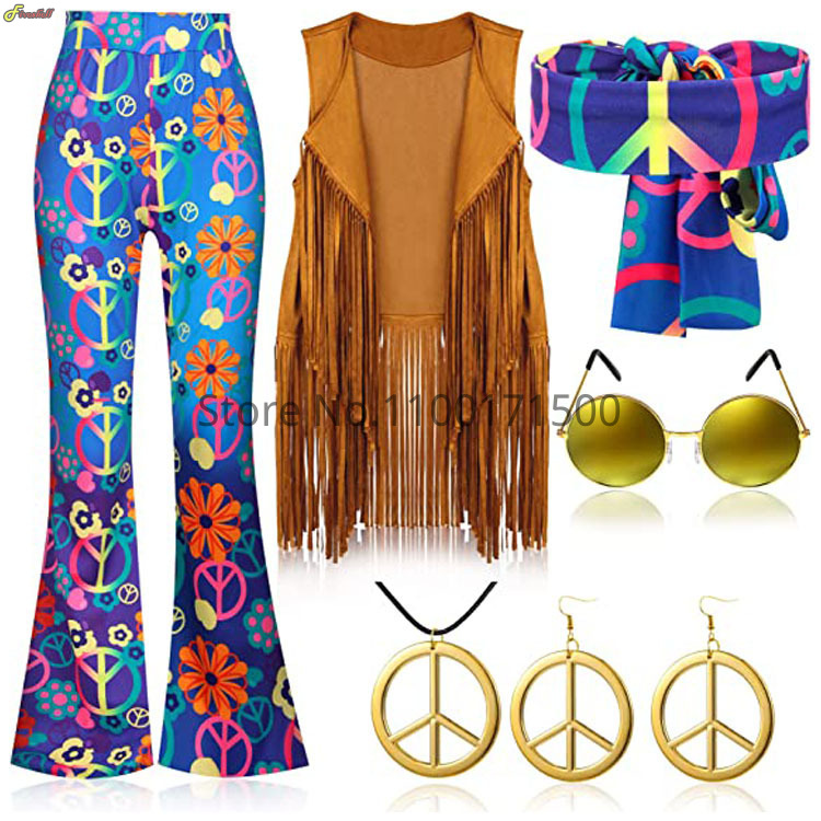 Women'S Accessories In The 70S - ชุดคอสตูมฮิปปี้แนวฮาโลวีนสำหรับผู้หญิงชุดเสื้อผ้ายุค70ชุด6ชิ้นเสื้อกั๊กแต่งพู่ + กางเกง + ชุดที่คาดผมสำหรับเทศกาลฮาโลวีน2023