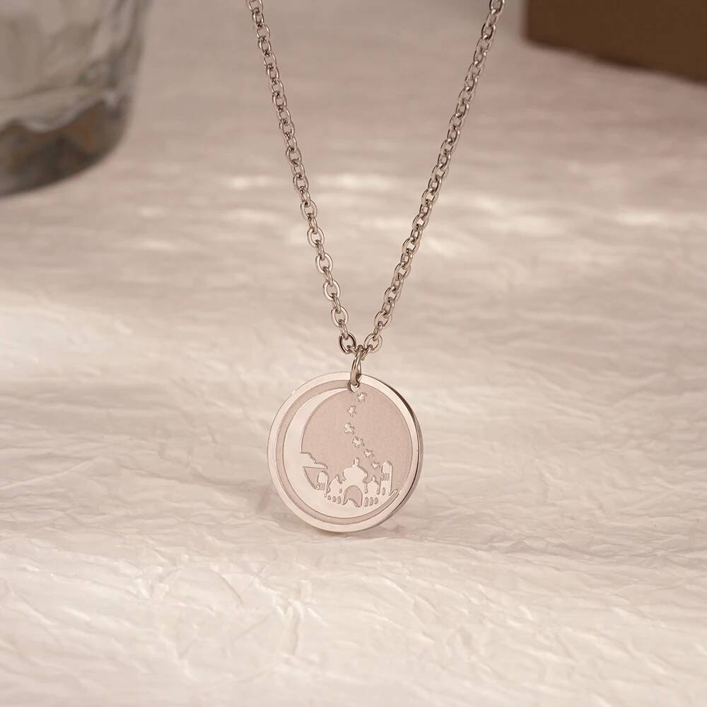 Coin Necklace Delicate - สร้อยคอจี้ทรงกลมลายเหรียญพระจันทร์พระราชวังเยรูซาเล็ม แฟชั่นสวยงาม ของขวัญสำหรับผู้หญิง ทำจากสแตนเลส