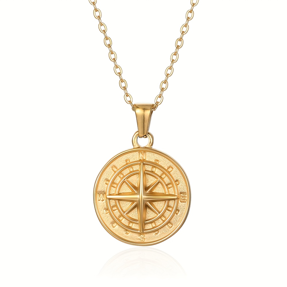 Coin Necklace Delicate - สร้อยคอจี้เหรียญวงกลมลายเข็มทิศชุบทองสำหรับผู้หญิง ทำจากสแตนเลสสตีล