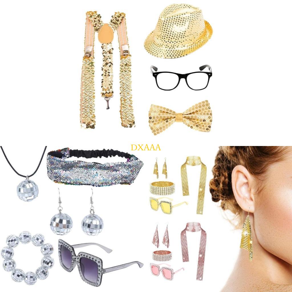 Women'S Accessories In The 70S - DXAA 1970s อุปกรณ์เสริมดิสโก้, แว่นกันแดด Bling ต่างหูผ้าพันคอยาวที่คาดผมหมวก