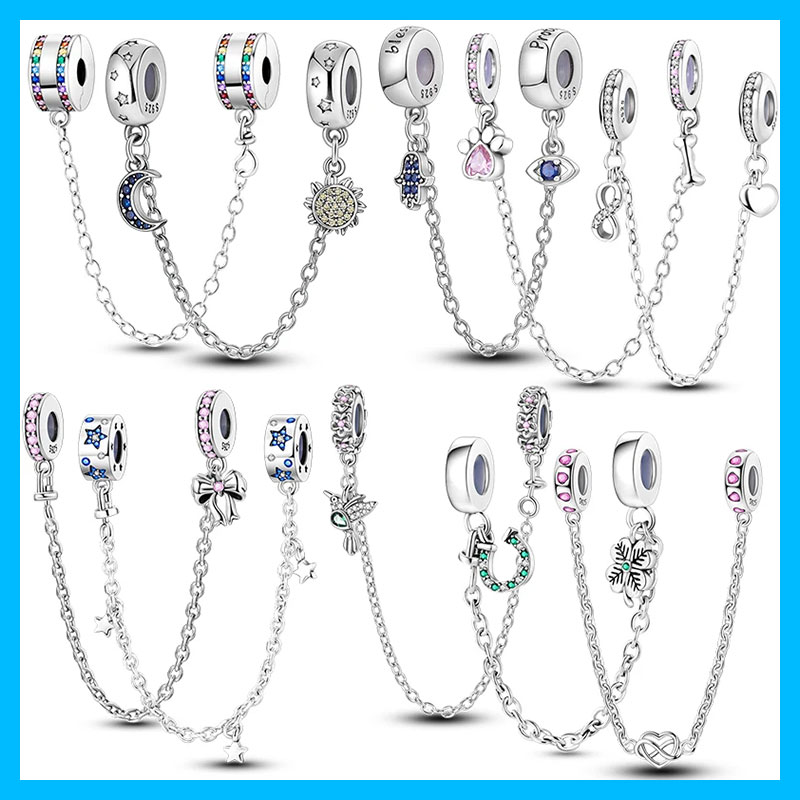 Women Accessories Pandora - จี้ห้อยรูปพระจันทร์สีรุ้งชุบเงิน พร้อมสายคล้องนิรภัย เหมาะสำหรับสร้อยข้อมือแบบดั้งเดิม กระเป๋า พวงกุญแจ ลูกปัด