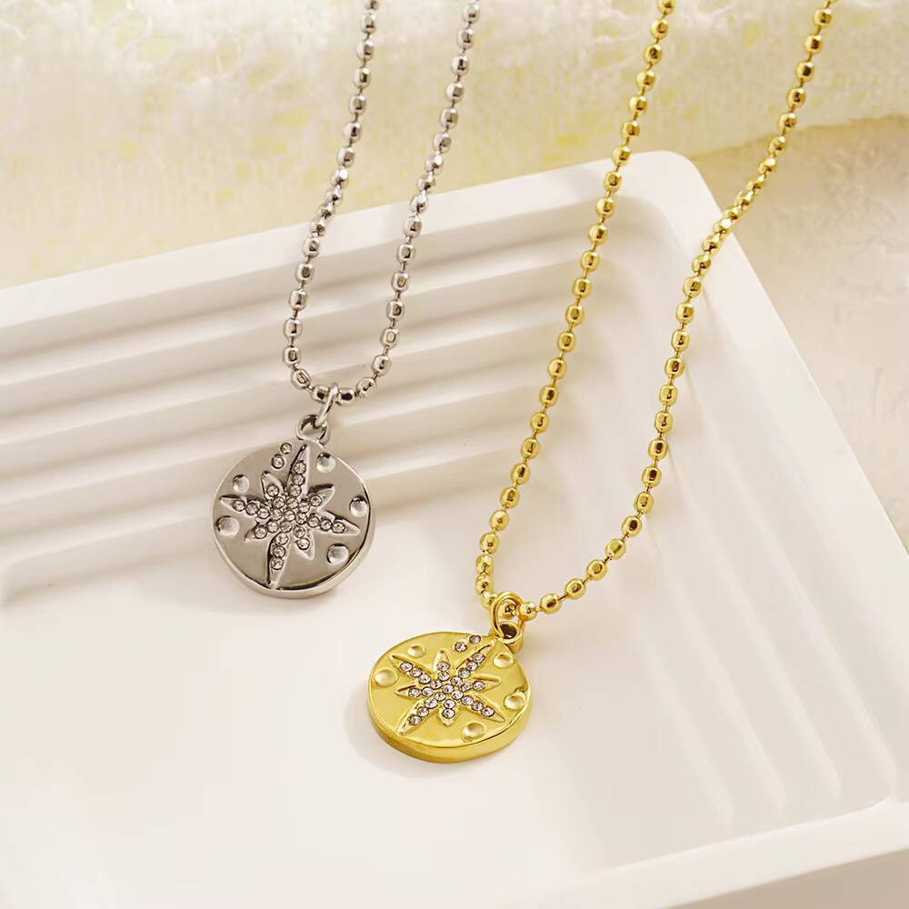 Coin Necklace Delicate - สร้อยคอจี้รูปดาวประดับเพชร CZ ทรงกลม ดีไซน์เรียบหรู สำหรับผู้หญิง ทำจากสแตนเลส