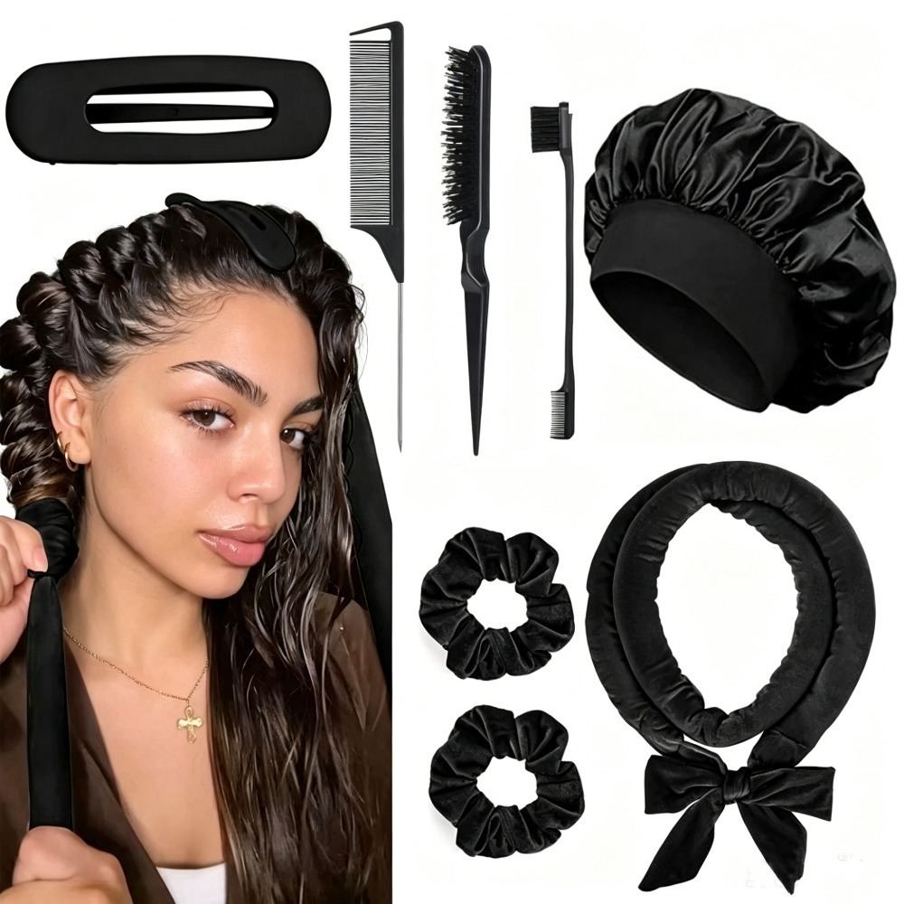Scrunchie Satin Set - ชุดเครื่องม้วนผมแบบไม่ใช้ความร้อน 8/5/4 ชิ้น พร้อมหมวกซาติน ไม่ใช้ความร้อน ม้วนผมได้ตลอดคืน