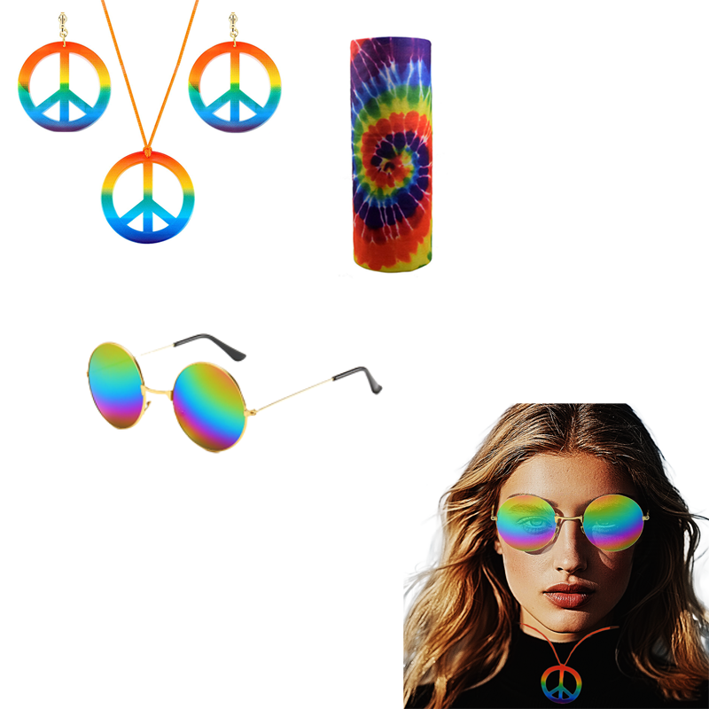 Women'S Accessories In The 70S - ชุดคอสตูมฮิปปี้ PESENAR ประกอบด้วยแว่นตา ที่คาดผม ต่างหูรูปสัญลักษณ์สันติภาพ สร้อยคอ