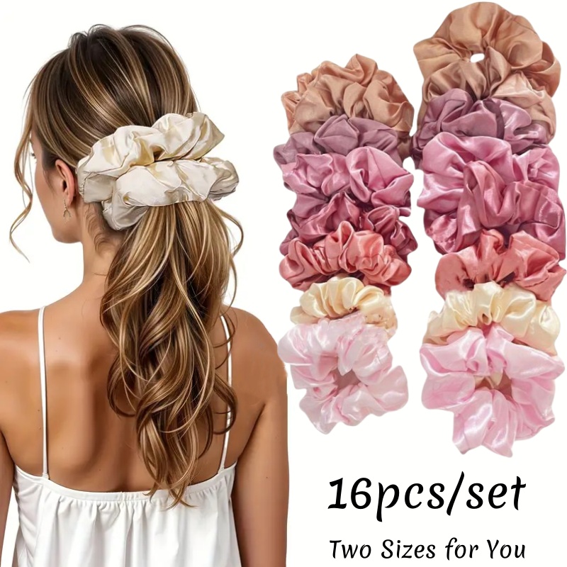 Scrunchie Satin Set - ยางมัดผมผ้าซาตินเนื้อนุ่ม 16 ชิ้น ยางรัดผมยืดหยุ่นสูง ดีไซน์หรูหรา สีพื้น