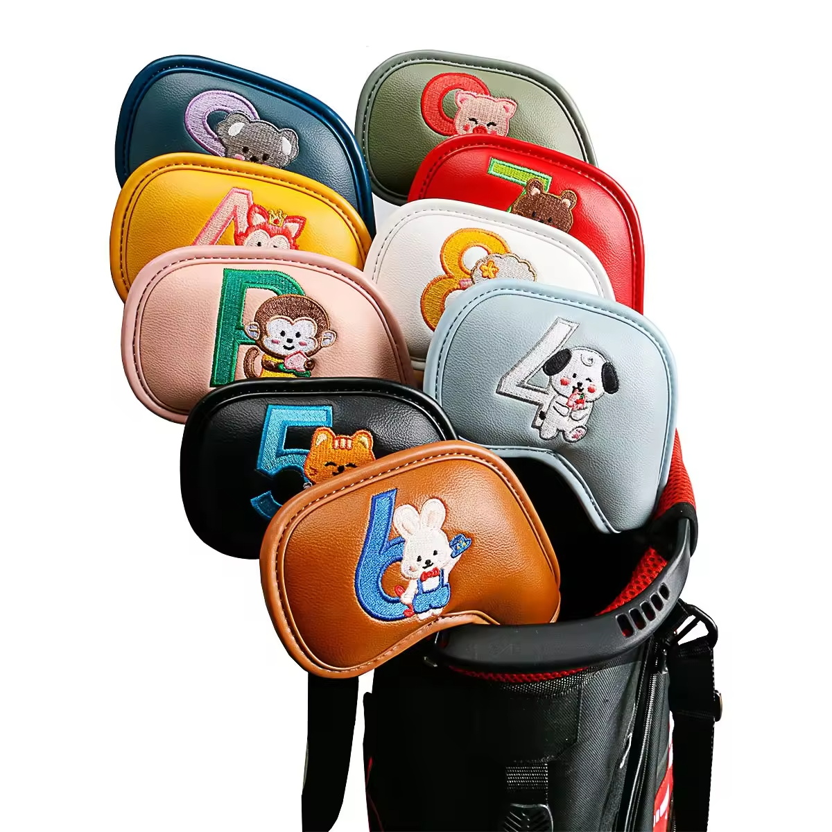 Women'S Golf Accessories - ชุดคลุมหัวไม้กอล์ฟลายการ์ตูนสัตว์น่ารัก 9 ชิ้น, วัสดุหนัง PU ปักลาย,