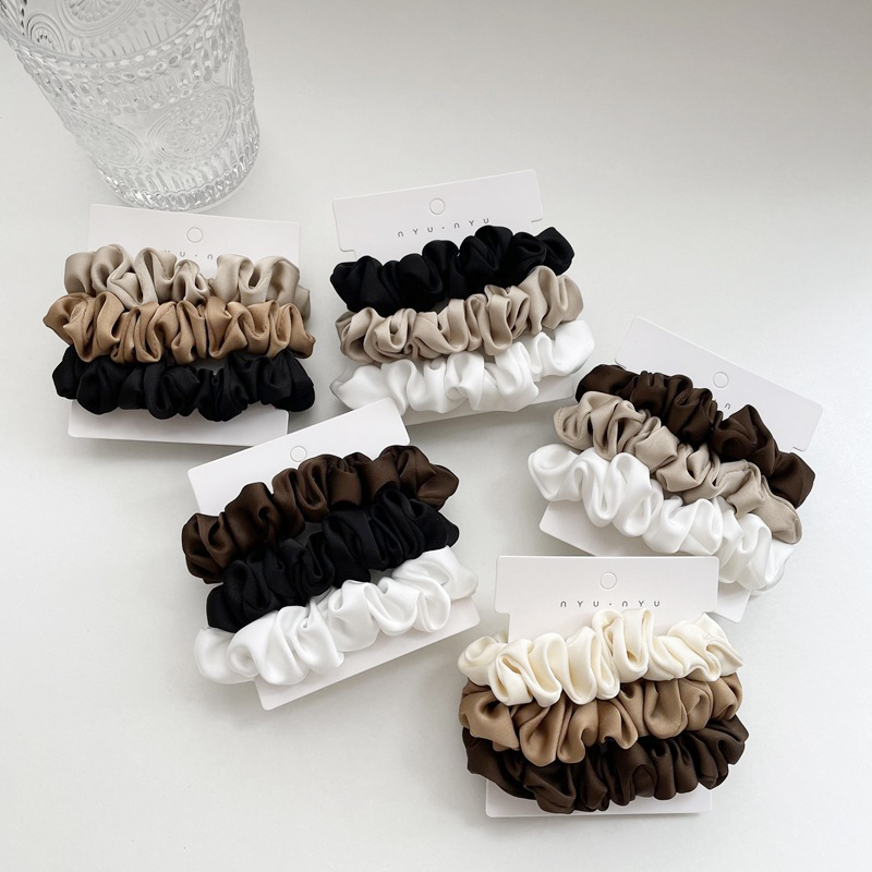 Scrunchie Satin Set - ชุดยางมัดผมซาติน3ชิ้น/เซ็ตยางรัดผมสไตล์วินเทจสีทึบสายรัดผมหางม้าเครื่องประดับผมแฟชั่นสำหรับเด็กผู้หญิง